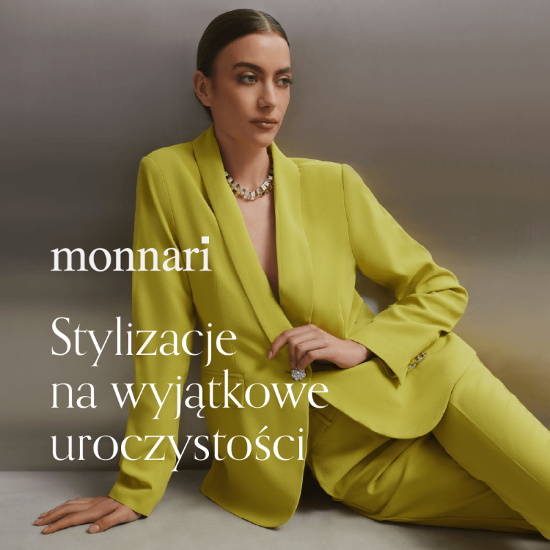 grafika promująca stylizacje na uroczystości Monnari - modelka w zielonym garniturze